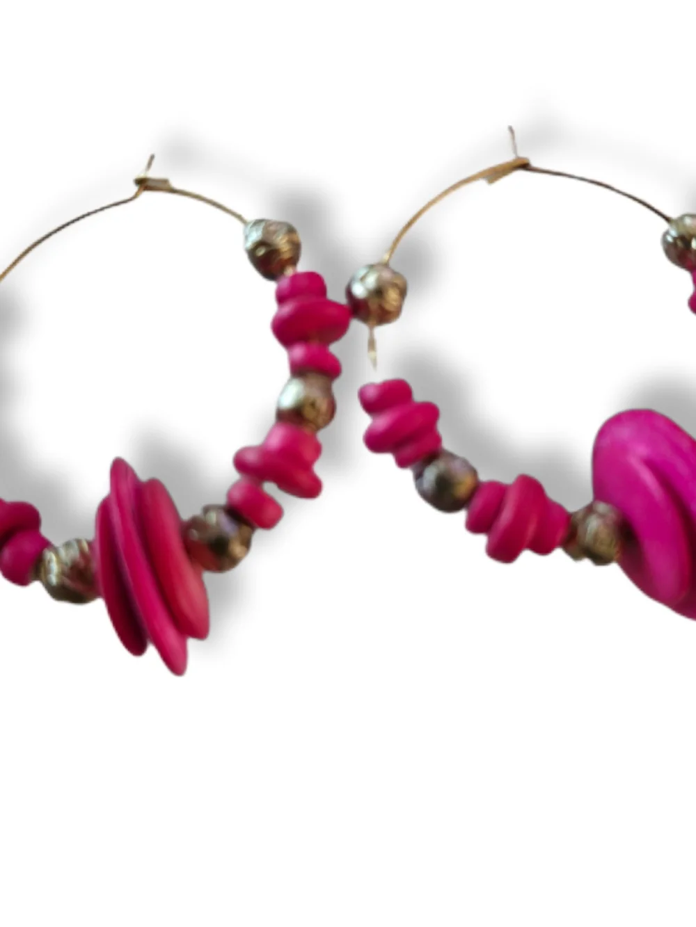 Pink Boho Hoop Earrings - Gold Tone with Pink Beads